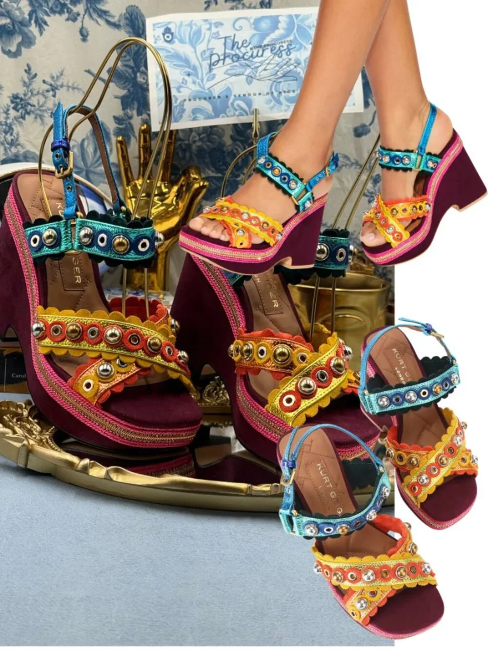 🆕 KURT GEIGER LONDON 🧿 NWOB Scalloped Stud X Wedge Heel Multicolor - Sz 37 US7
